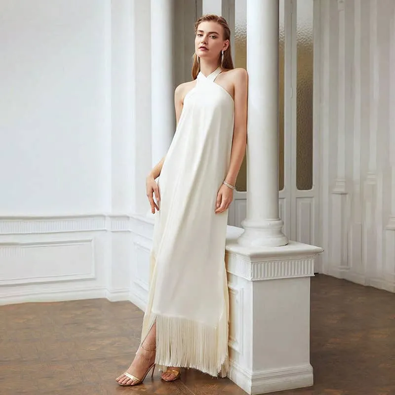 Fringed hem halterneck dress