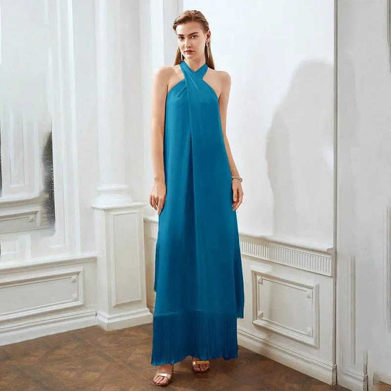 Fringed hem halterneck dress
