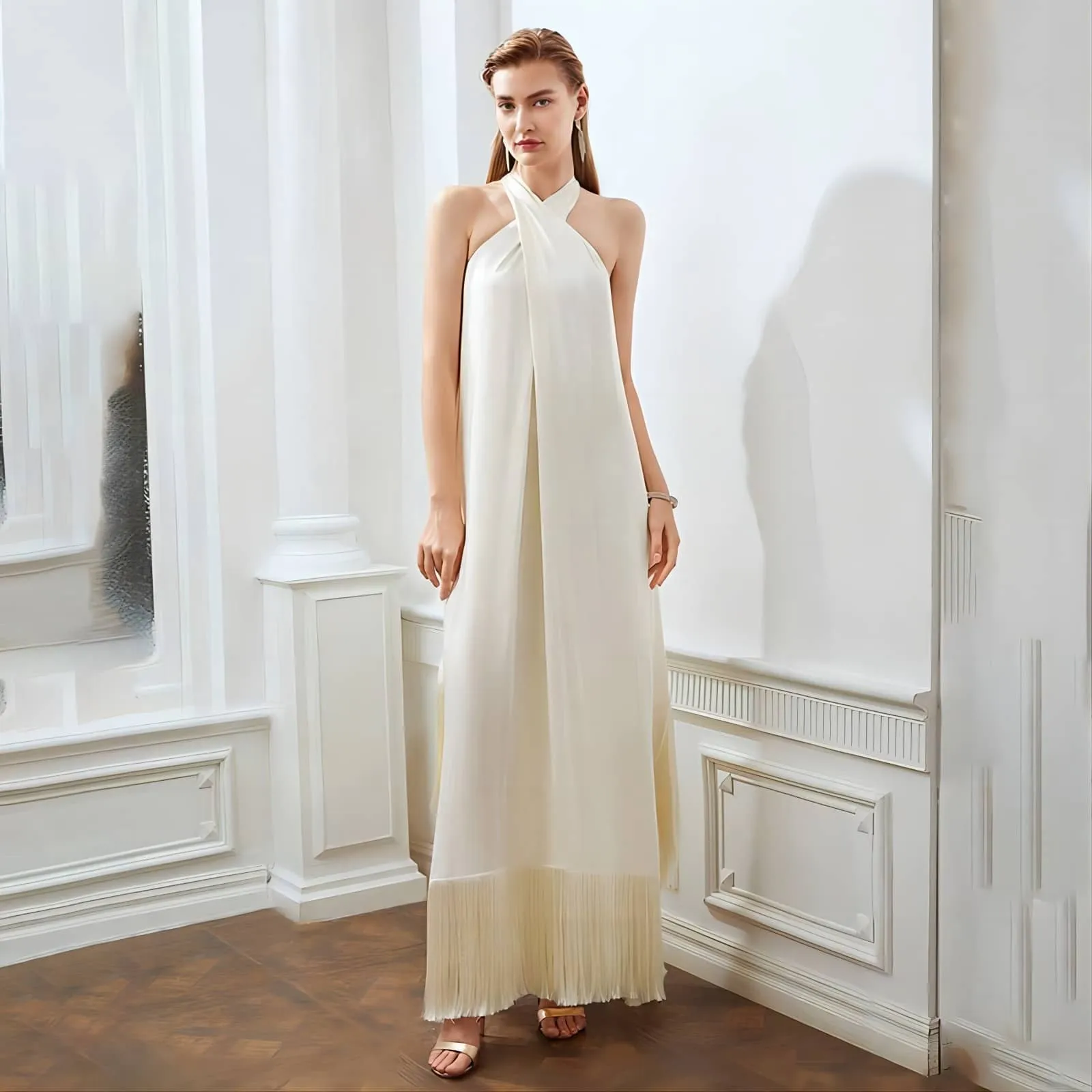 Fringed hem halterneck dress