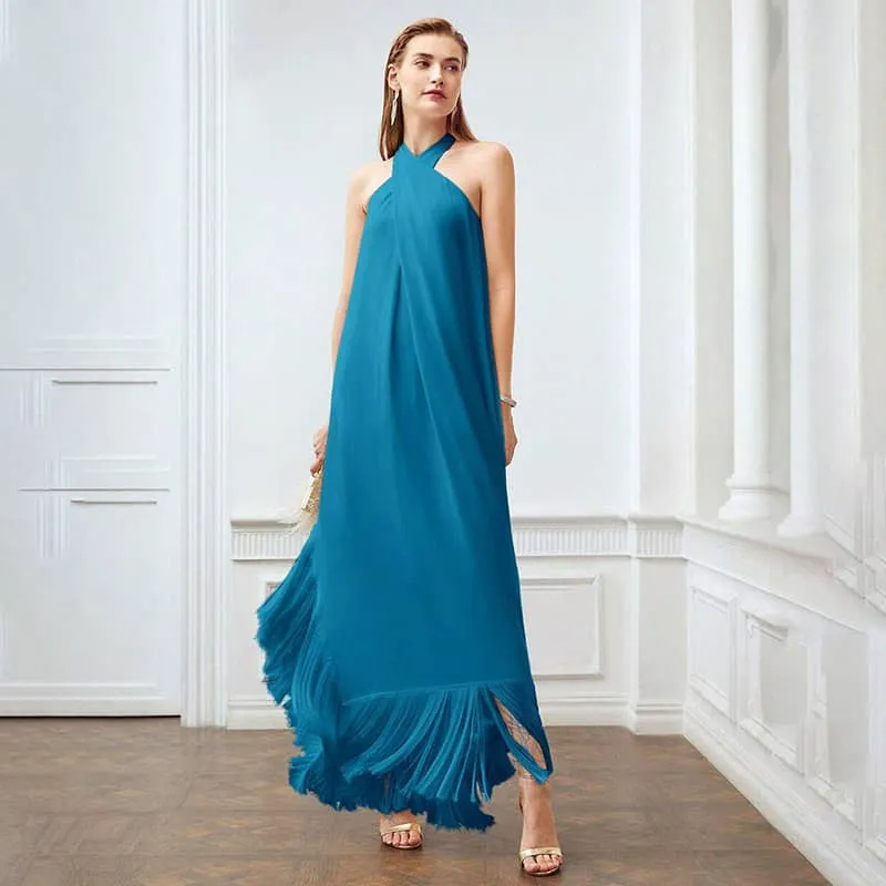 Fringed hem halterneck dress