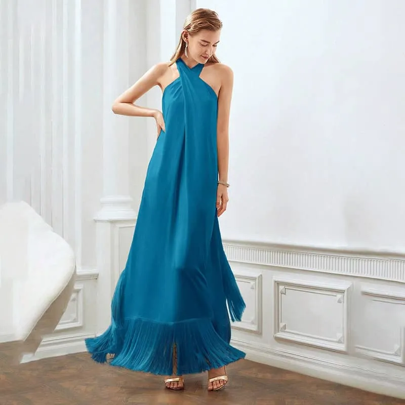 Fringed hem halterneck dress