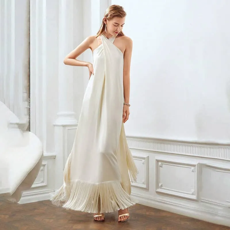 Fringed hem halterneck dress