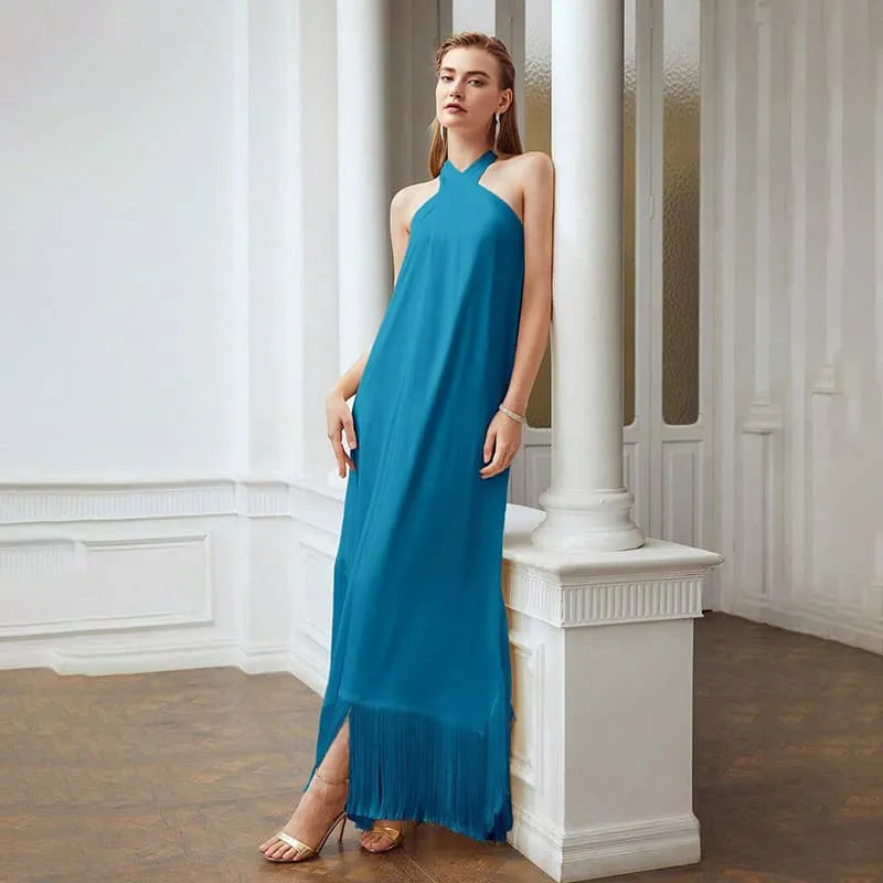 Fringed hem halterneck dress