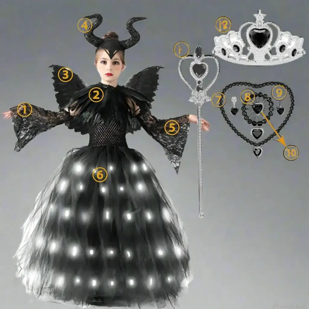 Girls Maleficent Halloween LED Light Up  Dress