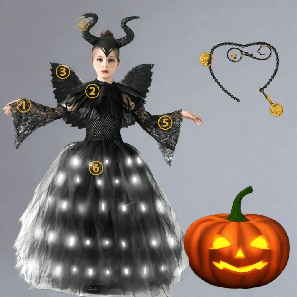 Girls Maleficent Halloween LED Light Up  Dress