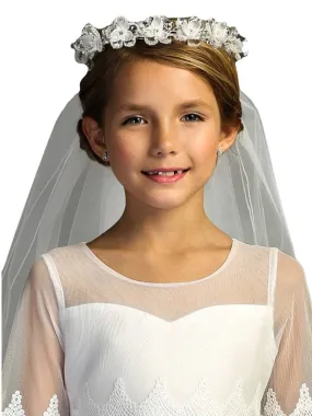 Girls White Flowers Rhinestone Crown Communion Flower Girl Veil