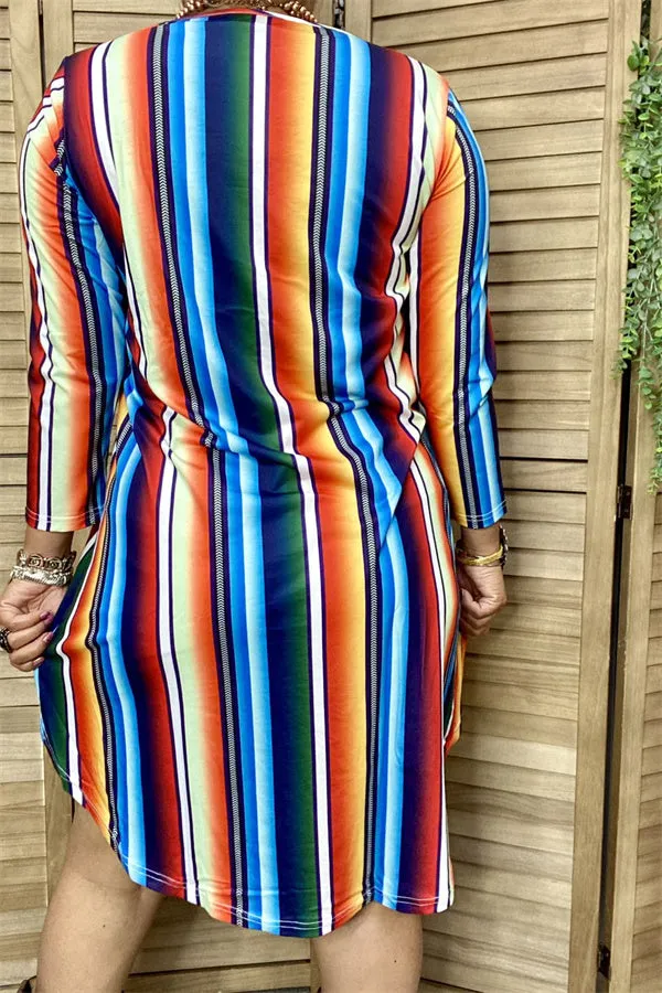 GJQ7807 Colorful stripe front short back long design 3/4 sleeve women tops