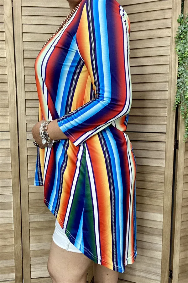 GJQ7807 Colorful stripe front short back long design 3/4 sleeve women tops