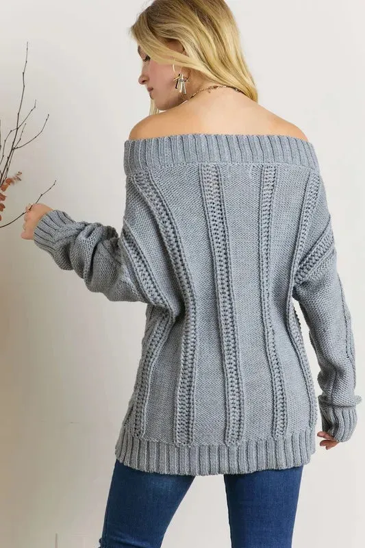 Gray Cable Knit Off Shoulder Sweater