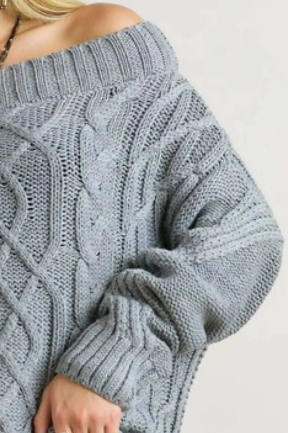 Gray Cable Knit Off Shoulder Sweater