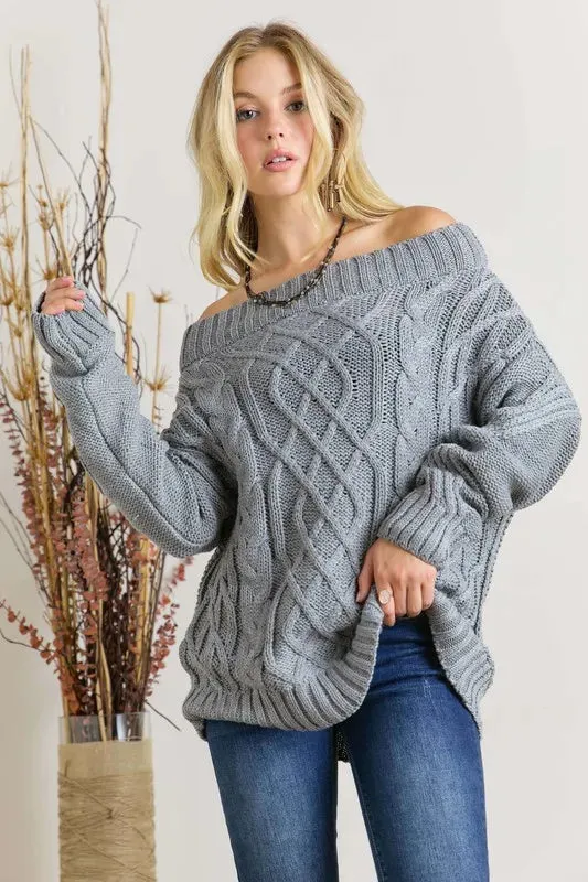 Gray Cable Knit Off Shoulder Sweater