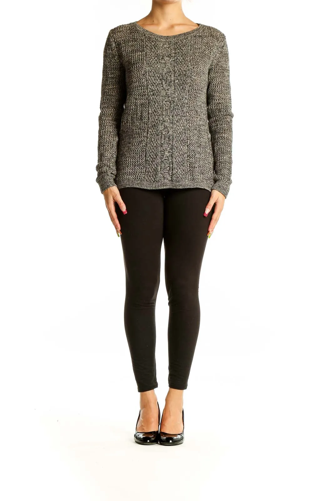 Gray Marled Cable Knit Sweater