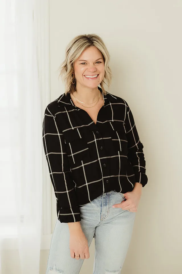Grid Button Up Woven Top