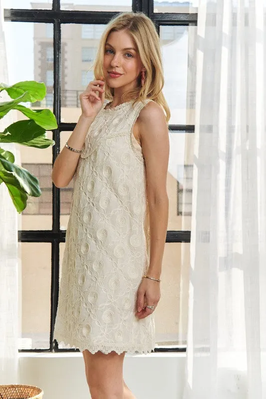 Ivory Applique Lace Sleeveless Shift Dress