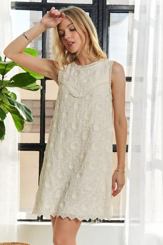 Ivory Applique Lace Sleeveless Shift Dress