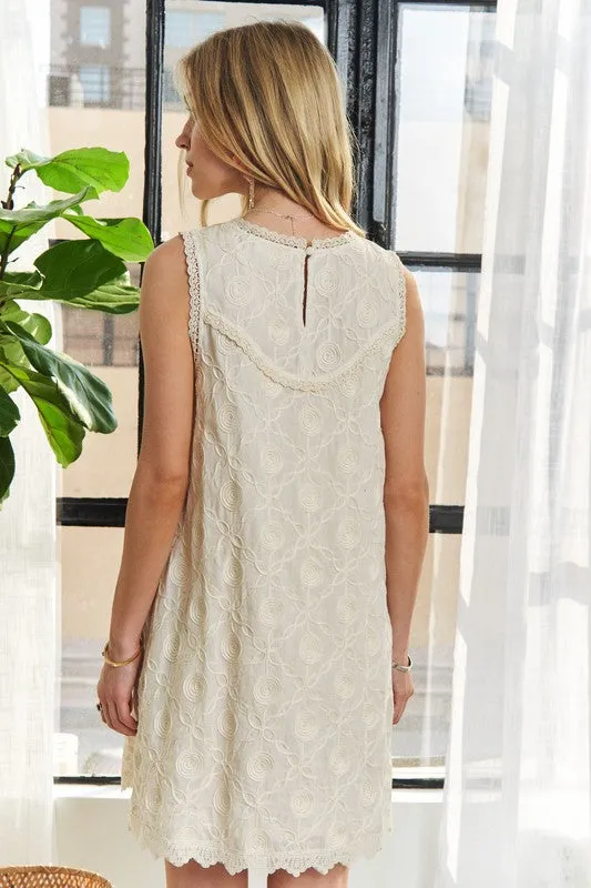 Ivory Applique Lace Sleeveless Shift Dress