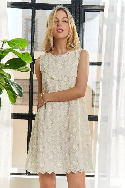 Ivory Applique Lace Sleeveless Shift Dress