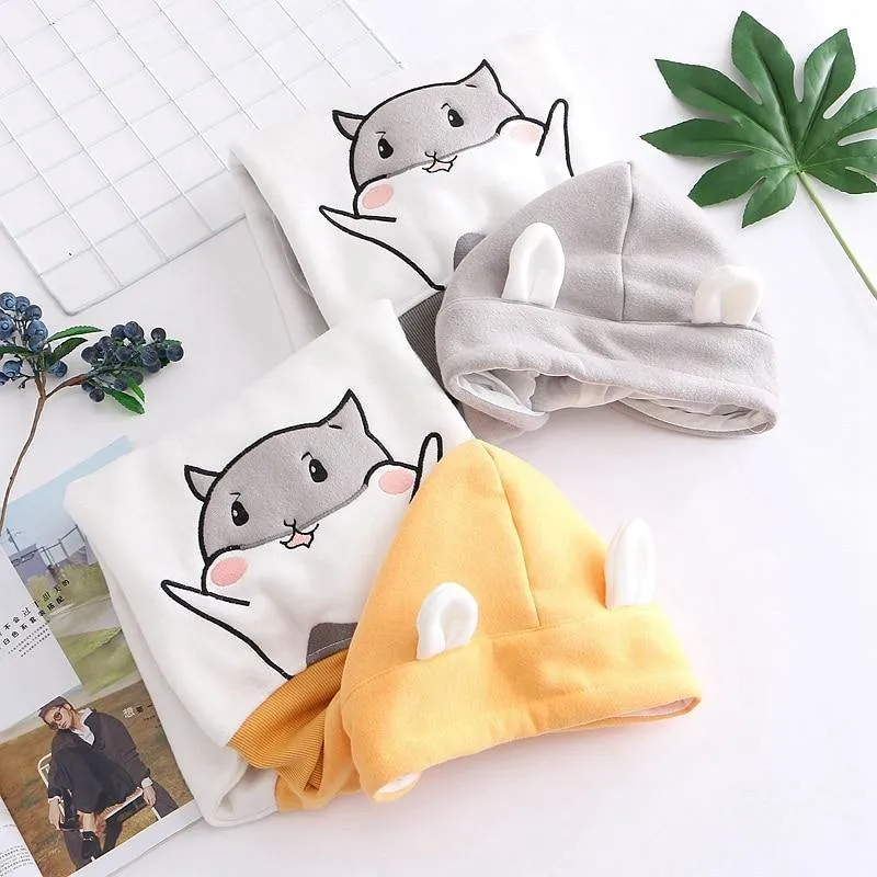 Kawaii Hamster Hoodie with Ears for Women Long Sleeve Girls Hoodie