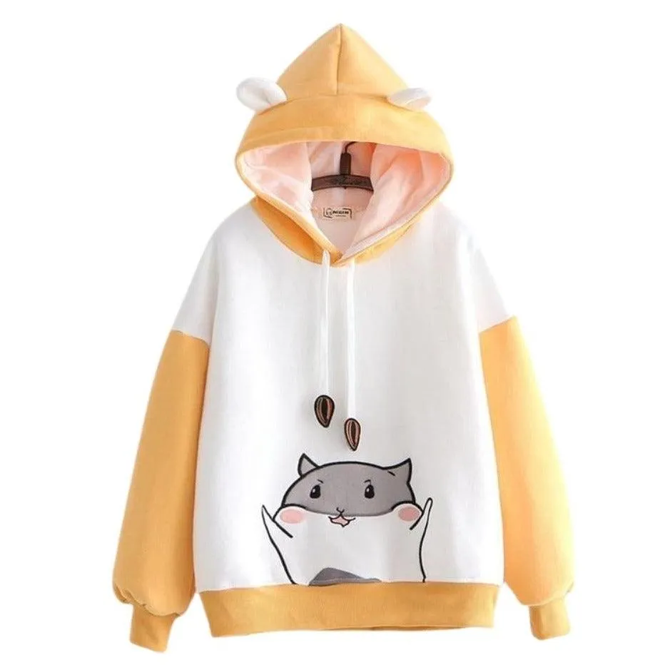 Kawaii Hamster Hoodie with Ears for Women Long Sleeve Girls Hoodie