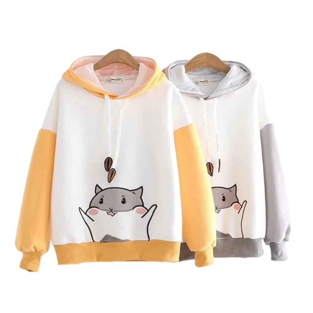 Kawaii Hamster Hoodie with Ears for Women Long Sleeve Girls Hoodie