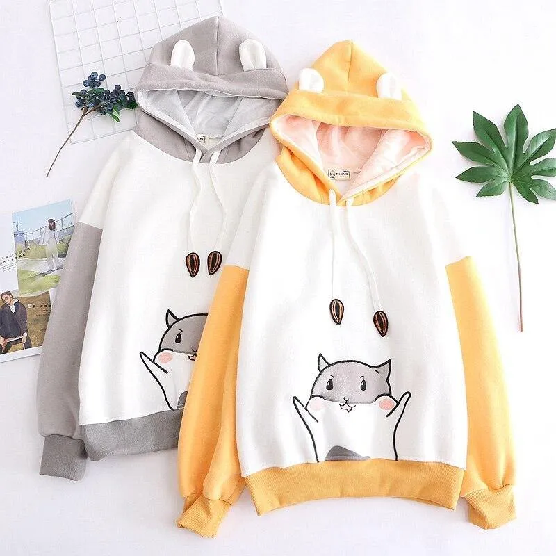 Kawaii Hamster Hoodie with Ears for Women Long Sleeve Girls Hoodie