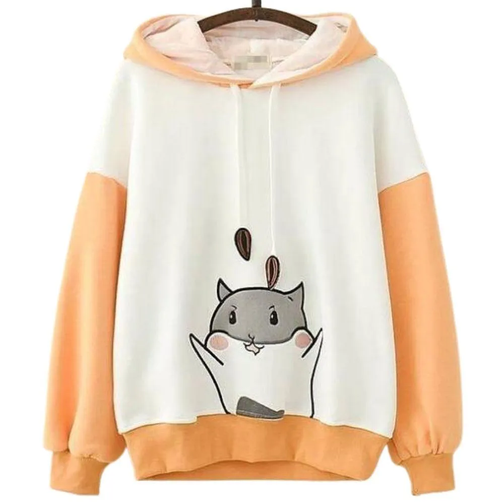 Kawaii Hamster Hoodie with Ears for Women Long Sleeve Girls Hoodie