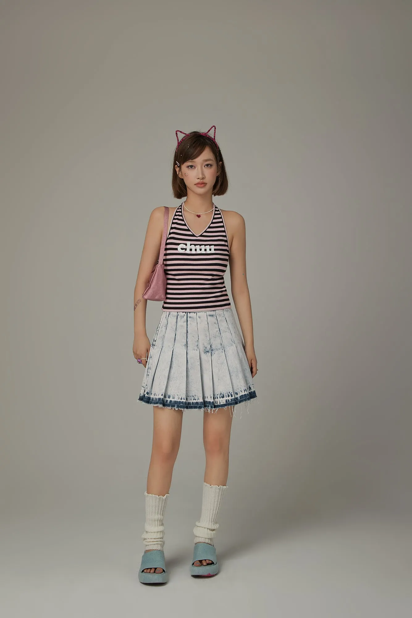 Logo Halter Neck Color Stripe Sleeveless Top