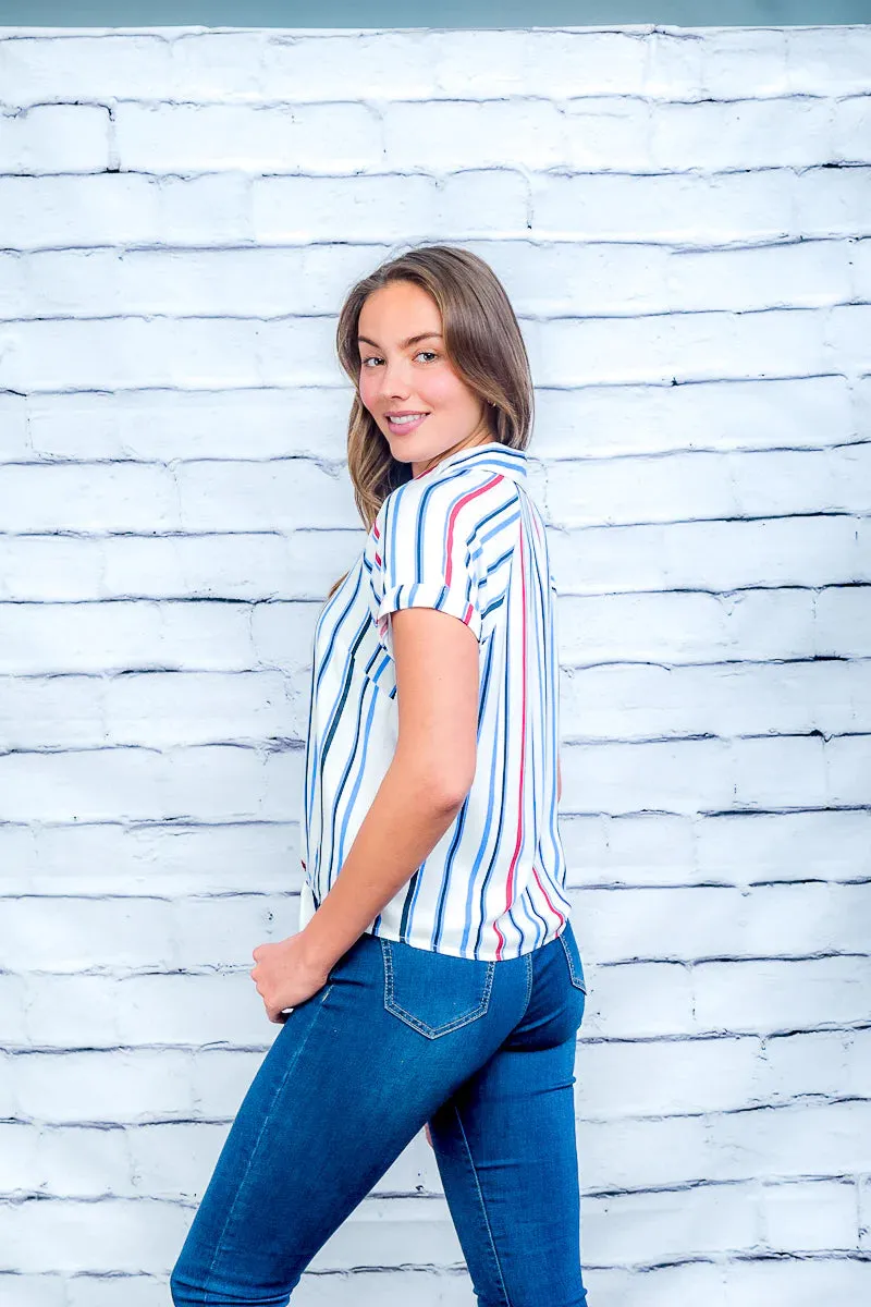 Multi Color Striped Button Down Top with Tied Waist and Short Sleeves with Rolled Cuffs in White* (HTN1653)