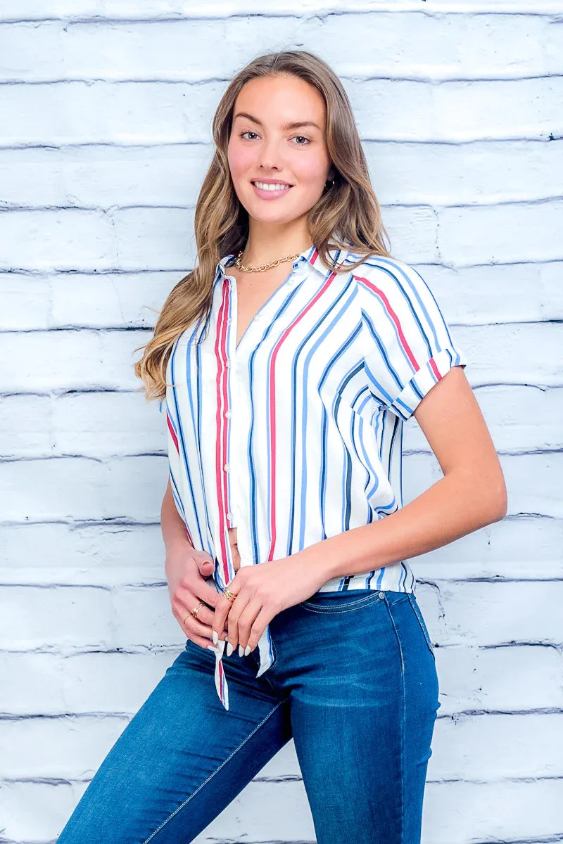 Multi Color Striped Button Down Top with Tied Waist and Short Sleeves with Rolled Cuffs in White* (HTN1653)