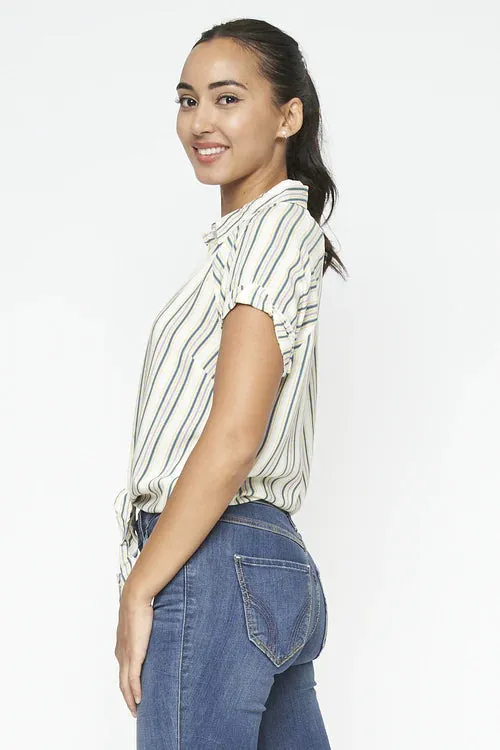 Multi Color Striped Button Down Top with Tied Waist and Short Sleeves with Rolled Cuffs in White* (HTN1653)