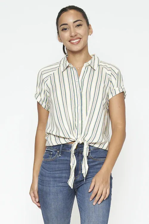 Multi Color Striped Button Down Top with Tied Waist and Short Sleeves with Rolled Cuffs in White* (HTN1653)