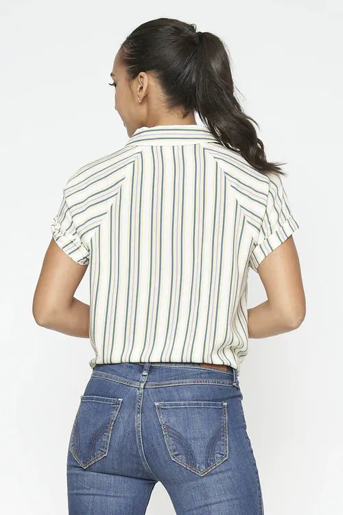 Multi Color Striped Button Down Top with Tied Waist and Short Sleeves with Rolled Cuffs in White* (HTN1653)