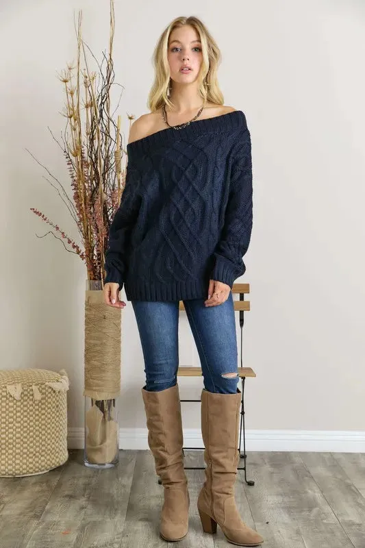 Navy Cable Knit Off Shoulder Sweater