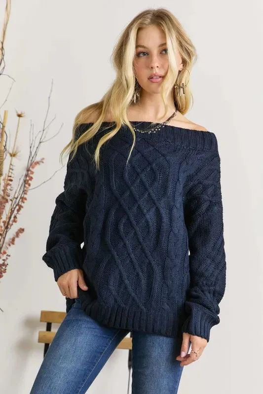 Navy Cable Knit Off Shoulder Sweater