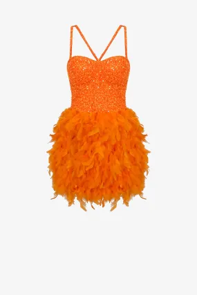 Orange Feather Embellished Sequin Mini Dress