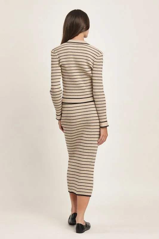Seasonal Shift Striped Knit Top and Skirt Set (Black and Tan)