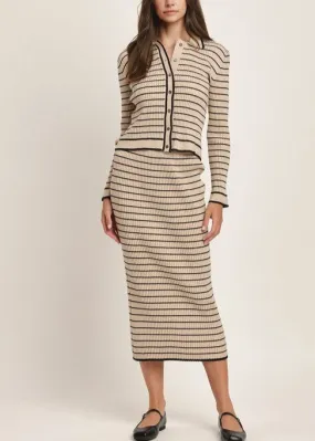 Seasonal Shift Striped Knit Top and Skirt Set (Black and Tan)