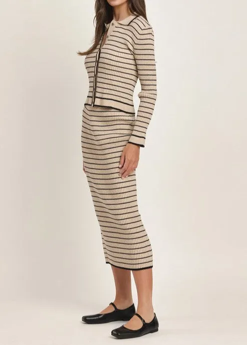 Seasonal Shift Striped Knit Top and Skirt Set (Black and Tan)