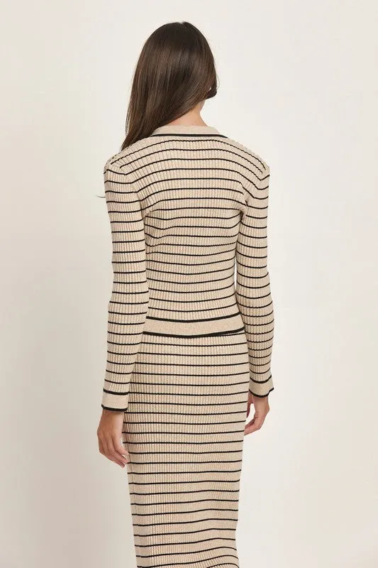 Seasonal Shift Striped Knit Top and Skirt Set (Black and Tan)