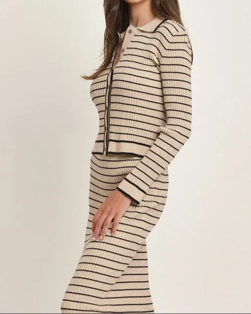 Seasonal Shift Striped Knit Top and Skirt Set (Black and Tan)