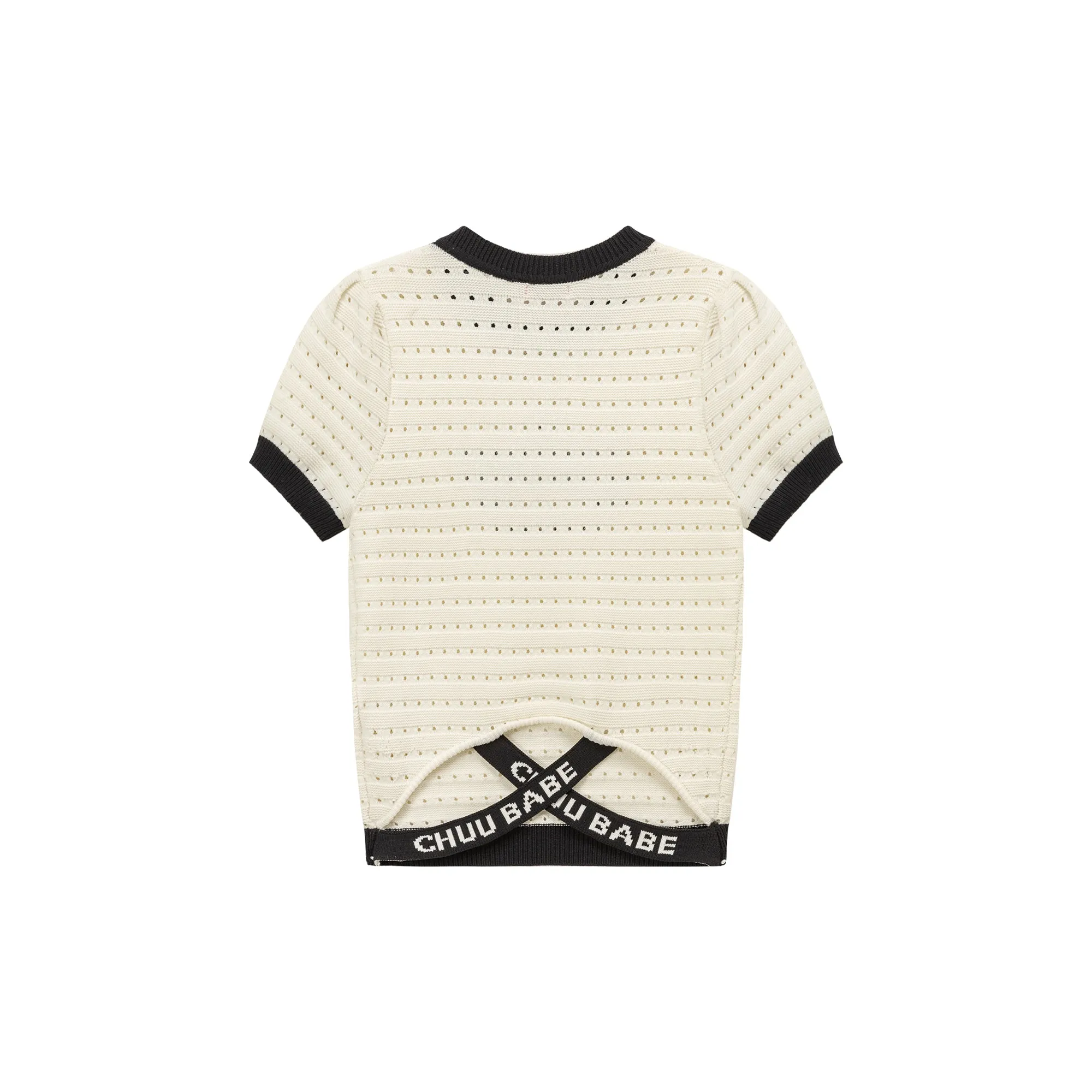 Size Doesnt Matter Color Hole Pattern Preppy Logo Knit Top