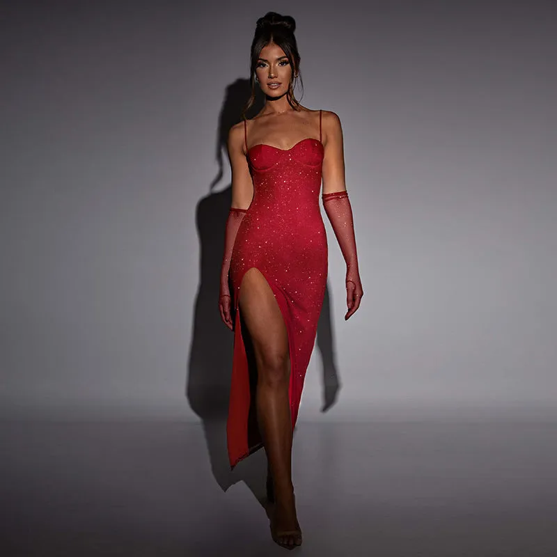 Slim sparkling slit suspender dress