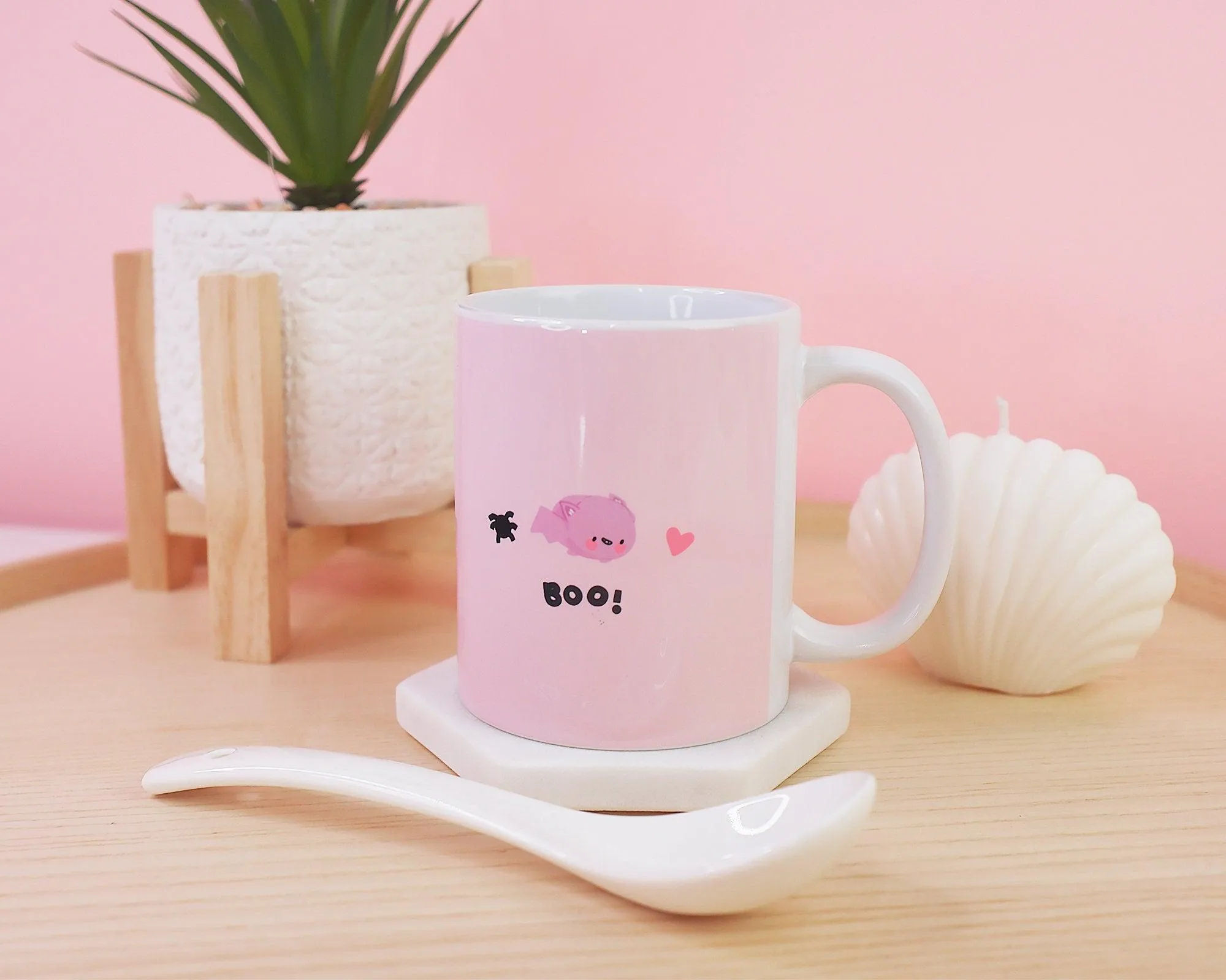 Spooky Hand Printed Ceramic Mug - BOO! Adorable Bat Design