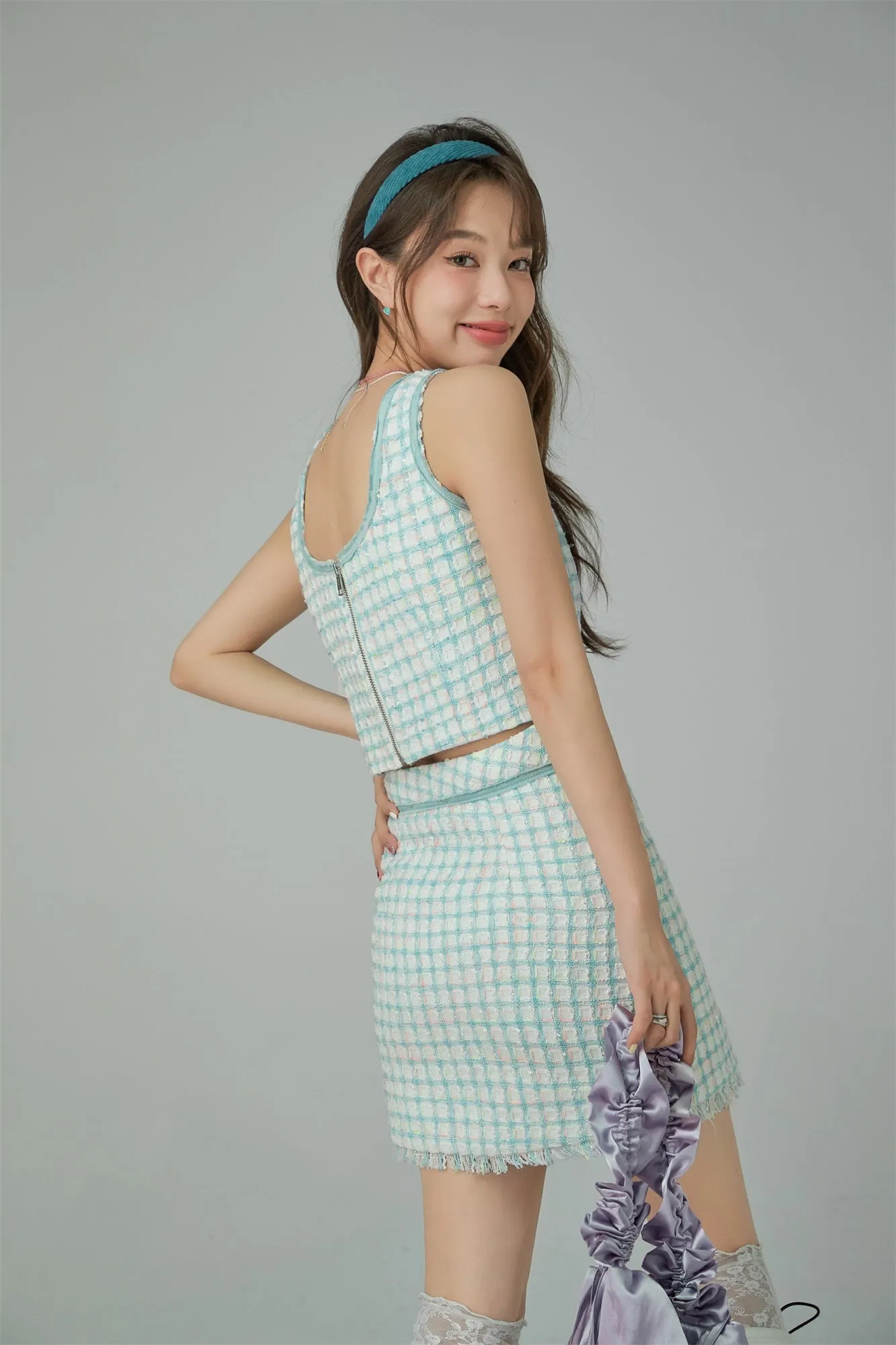 Tweed Check Buttons Sleeveless Top