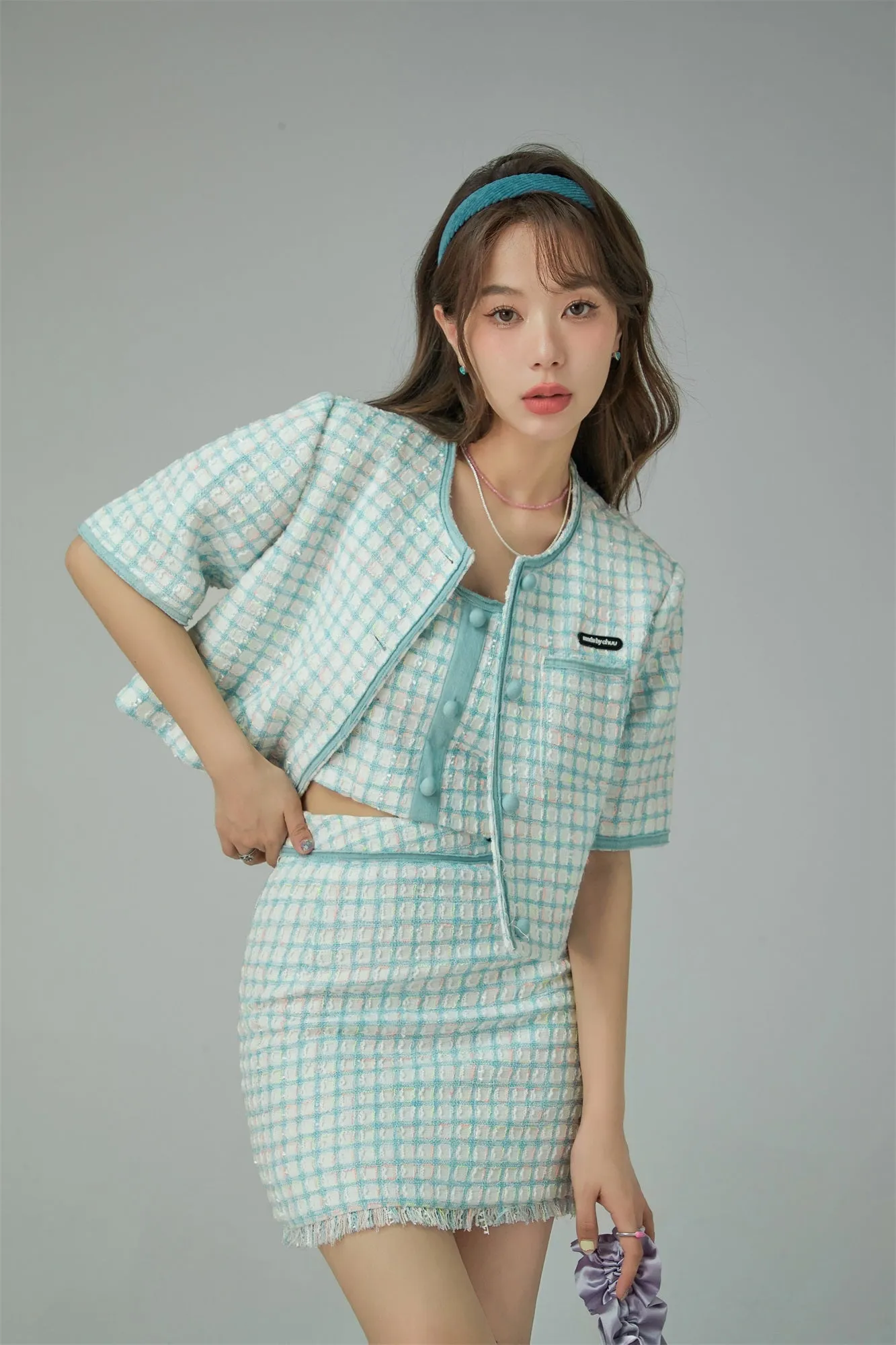Tweed Check Buttons Sleeveless Top