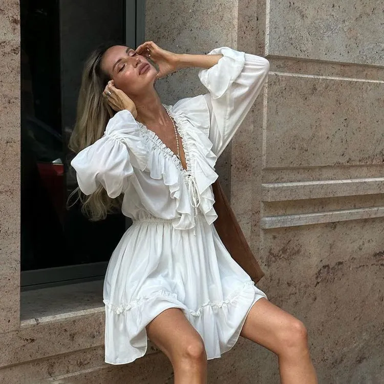 V-Neck Pleated Trumpet Sleeve Ruffled White Dress