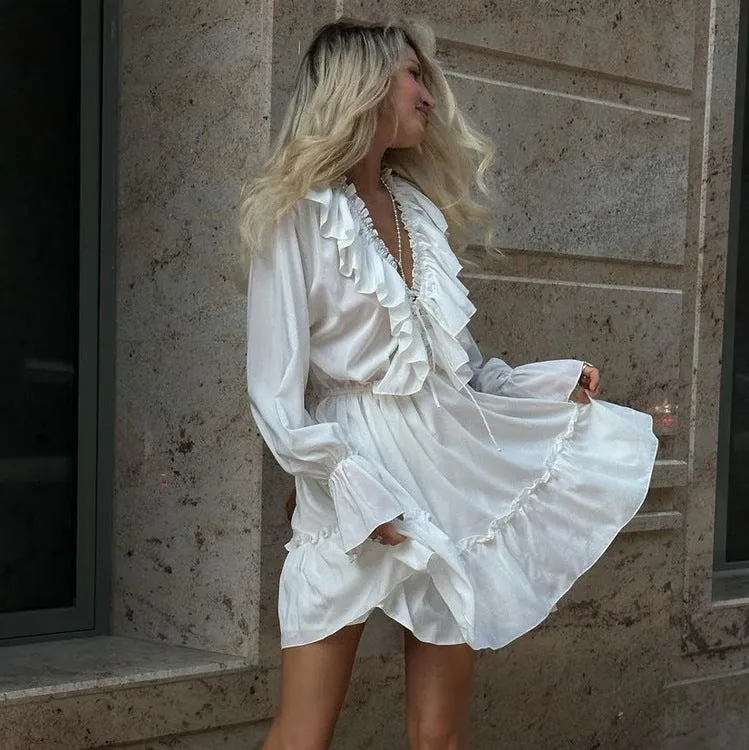 V-Neck Pleated Trumpet Sleeve Ruffled White Dress