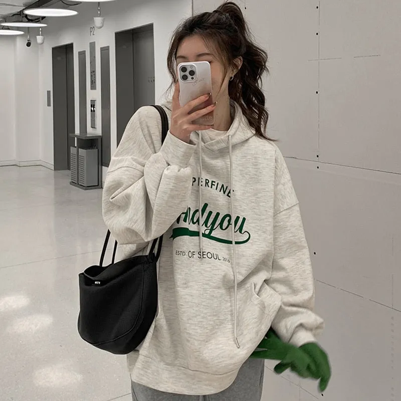Wjczt College Harajuku Grey Fleece Baggy Pullover Fashio Printing Sweatshirt Casual Lazy Wind Raglan Sleeves Drawstring Hoodie Autumn