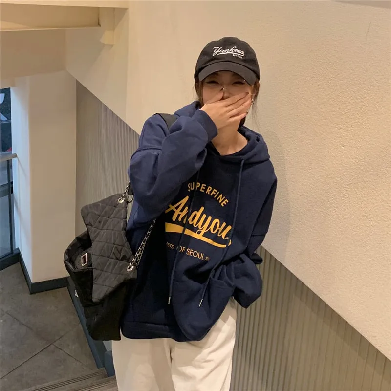 Wjczt College Harajuku Grey Fleece Baggy Pullover Fashio Printing Sweatshirt Casual Lazy Wind Raglan Sleeves Drawstring Hoodie Autumn