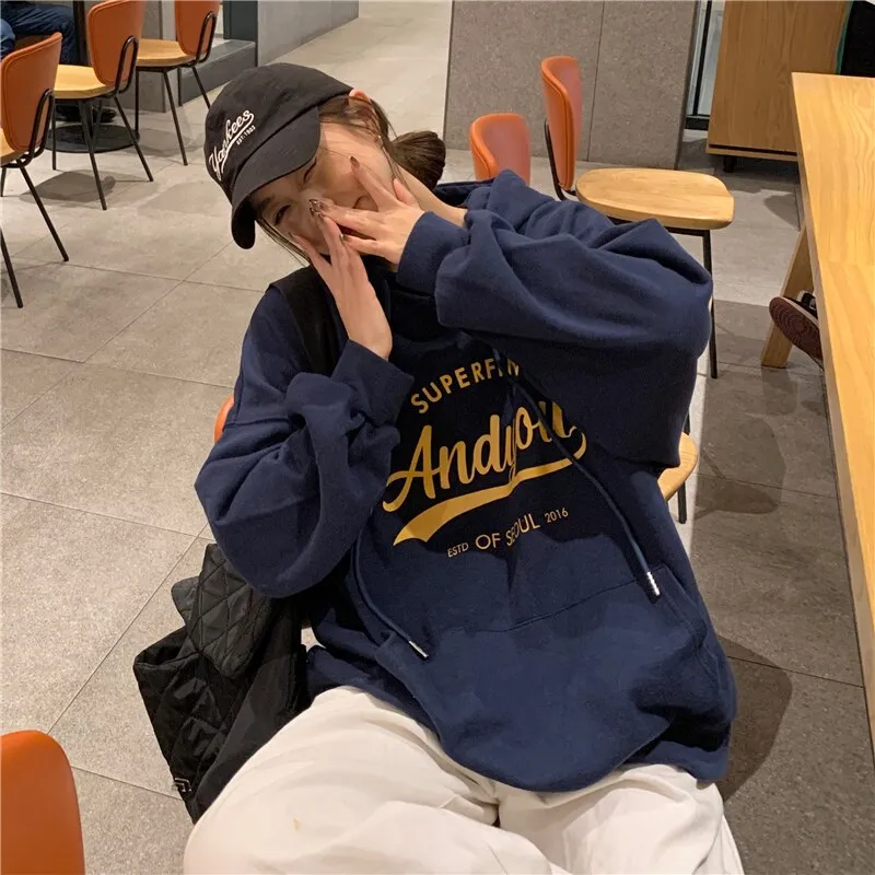 Wjczt College Harajuku Grey Fleece Baggy Pullover Fashio Printing Sweatshirt Casual Lazy Wind Raglan Sleeves Drawstring Hoodie Autumn